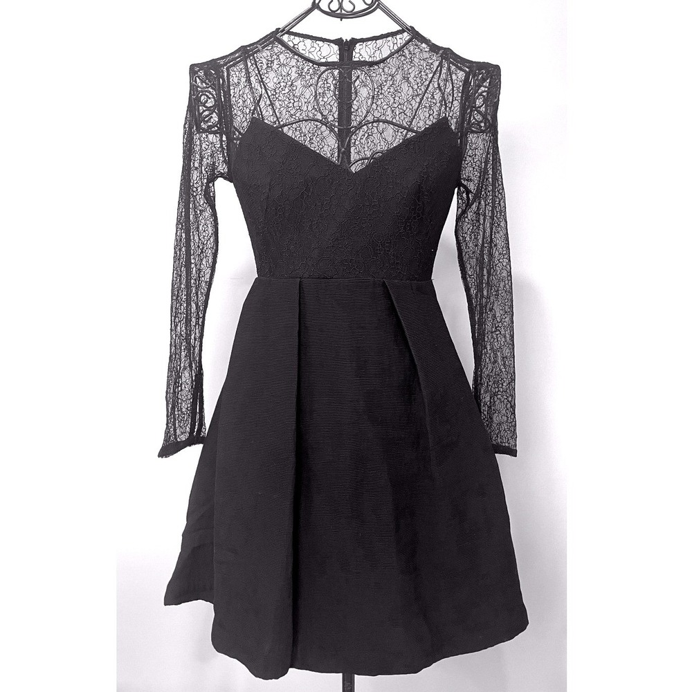 Sandro Paris Black Honeycomb Lace Sheer Long Sleeve Mini Dress Small Whimsigoth